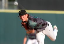 Braves Top Pitching Prospect Makes Huge Statement Baseball pitcher in gray-green uniform throws a pitch, with his leg lifted and ball in midair nearby.
