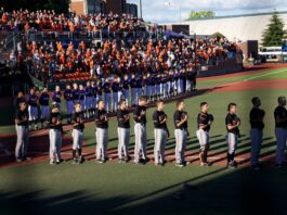 Baseball players in purple jerseys and white pants stand in a line on the field as a large crowd watches from orange-seated stands behind them.