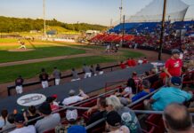 Baseball Manager Has All-Time Meltdown After His Ejection Baseball game in progress at a sunlit stadium, batter at plate and pitcher on mound, with audience in red and blue seats behind protective netting.