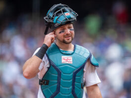 Baseball catcher in teal protective gear touching his ear with one hand, crowd blurred in the background.