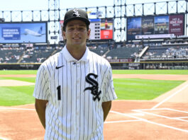 Baseball player in White Sox pinstriped jersey with number 1, standing on the infield with empty stands behind him.